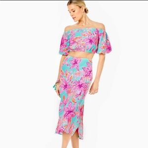 NWT Lilly Pulitzer Esmeray Midi 2PC Set Puff Sleeve Surf Blue Bonita Blooms